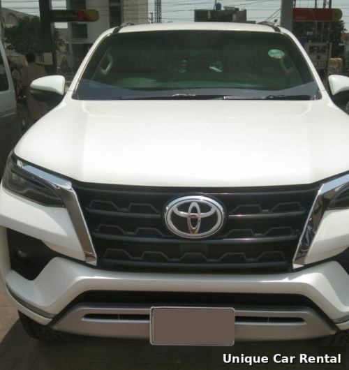 White Toyota Fortuner front view for rent in Islamabad